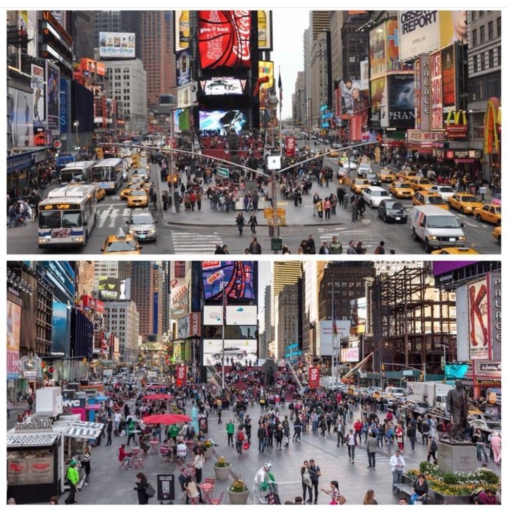 Oben: New Yorks Times Square mit Autoverkehr.
Unten: Gleicher Ort autofrei mit vielen Menschen.