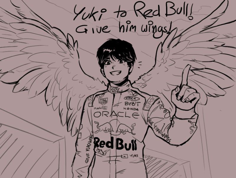 Yuki Tsunoda fanart, wearing the Red Bull kit and with big wings! The text reads "Yuki to Red Bull! Give him wings!"