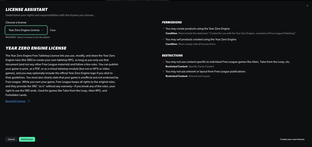 A preview of the Nurl Sanctum license assistant that helps to summarize the aspects of TTRPG licenses. This feature does not use AI.