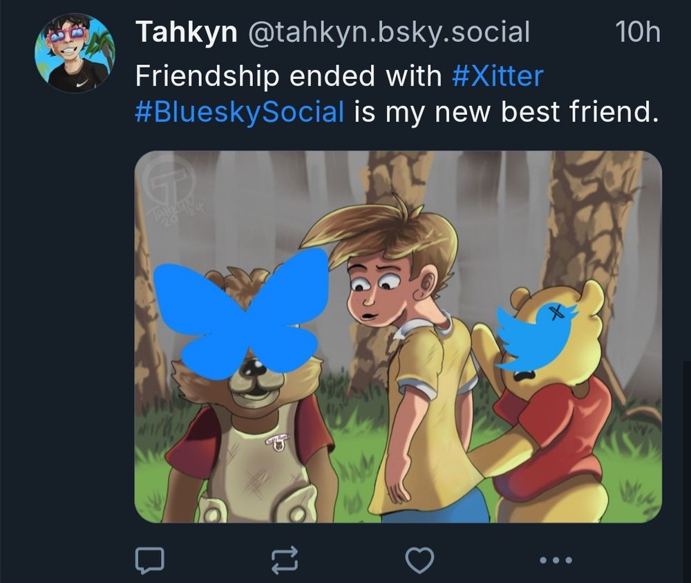 Jealous girlfriend meme remixed with Winnie the Pooh, Teddy Ruxpin, and Christopher Robin, then remixed again to make it about Bluesky. 