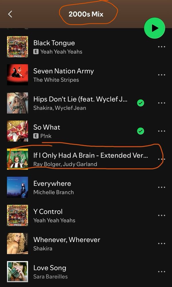 A playlist of “2000’s Music” from Spotify includes expected songs from The White Stripes, Pink, Shakira, Sara Bareilles and the Yeah Yeah Yeahs but also Judy Garland and Ray Bolger’s extended version of “If I Only Had A Brain” from the 1939 film The Wizard of Oz. 