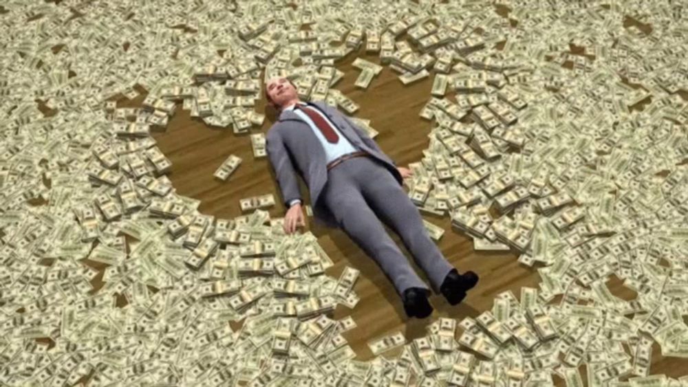 a man in a suit and tie is laying in a pile of money with the letters r and t on it