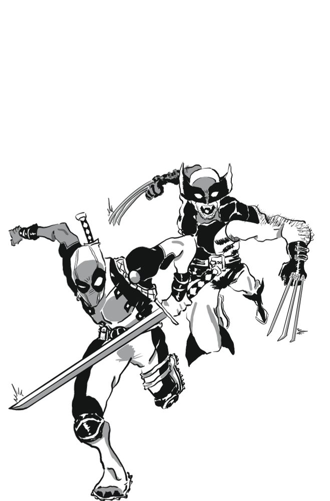 Illustration of Deadpool & Wolverine leaping towards the viewer 