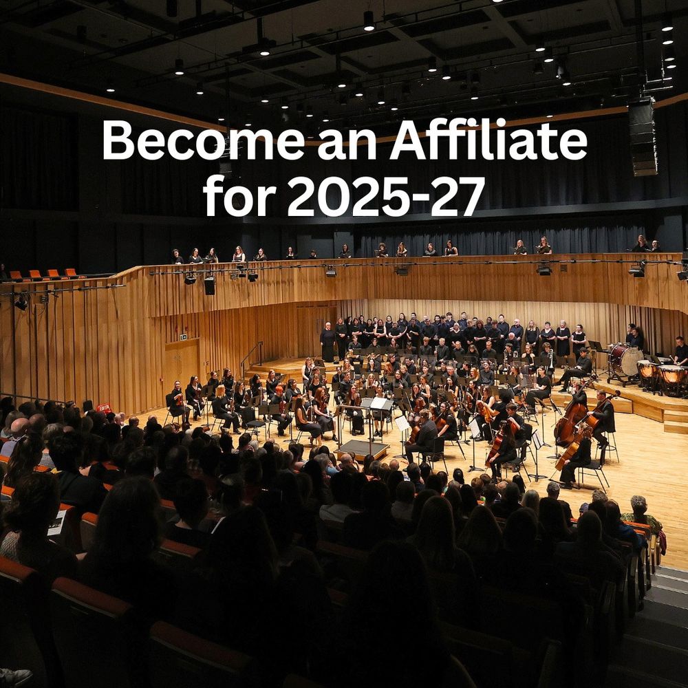 Photo of an orchestra on stage at The Tung Auditorium with the text 'Become an Affiliate for 2025-27'