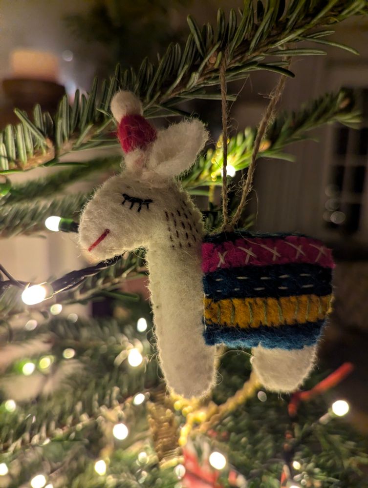 A woolen Christmas decoration, it's a smiling alpaca