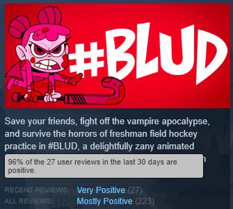 A screenshot of the Steam page for #Blud, showing 96% of the recent reviews are positive.