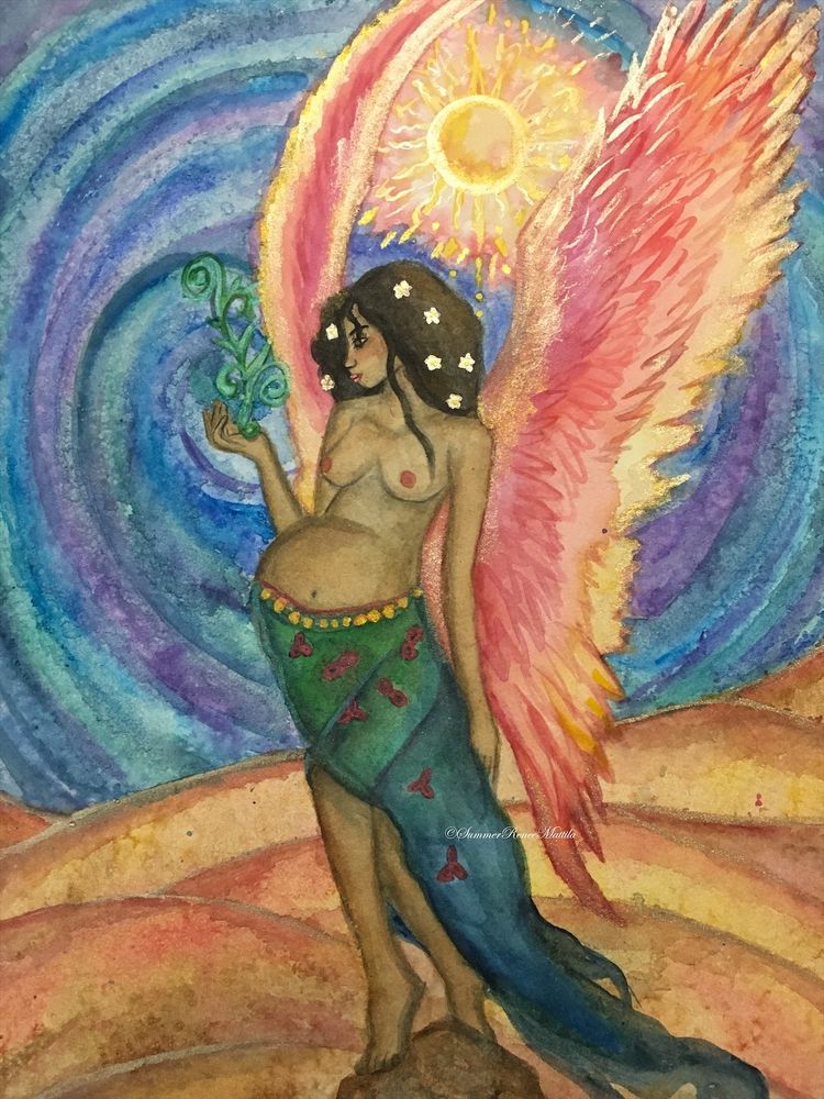 A painting of a beautiful woman who holds a seed that has started to germinate under the sun shining in a swirling blue sky. It is my vision of god. 