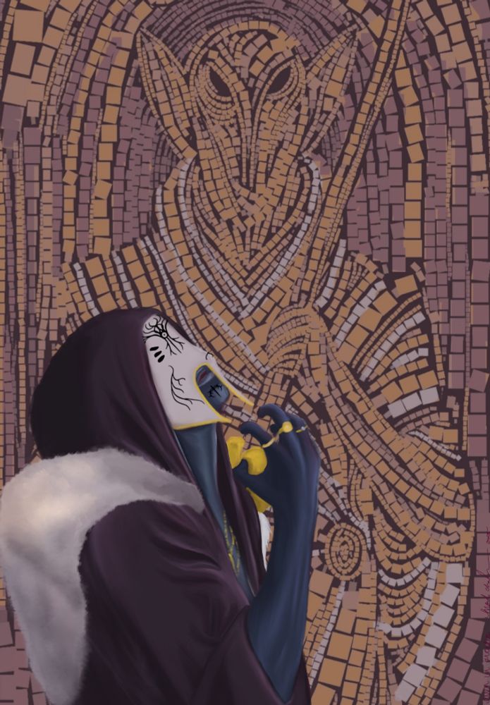 A painting of a tile mosaic of an Elven God behind a masked man painted black, looking skyward. 