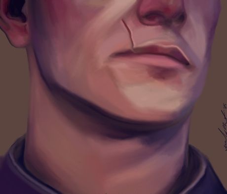 A close up of the bottom half of a man's face, close up on his mouth and a large scar running up his face. Cullen Rutherford from Dragon Age