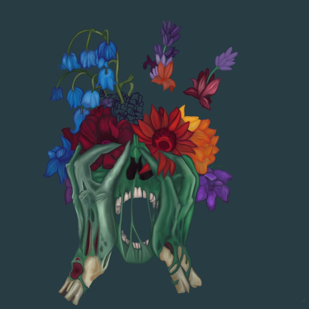 An unfinished painting of a skull with green skin rotting off and blooms coming out of its eyes and head