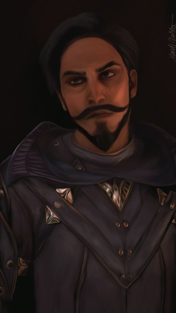 A painting of Viago De Riva from Dragon Age: Veilguard. A Spanish man in purple leather armor on a dark background 