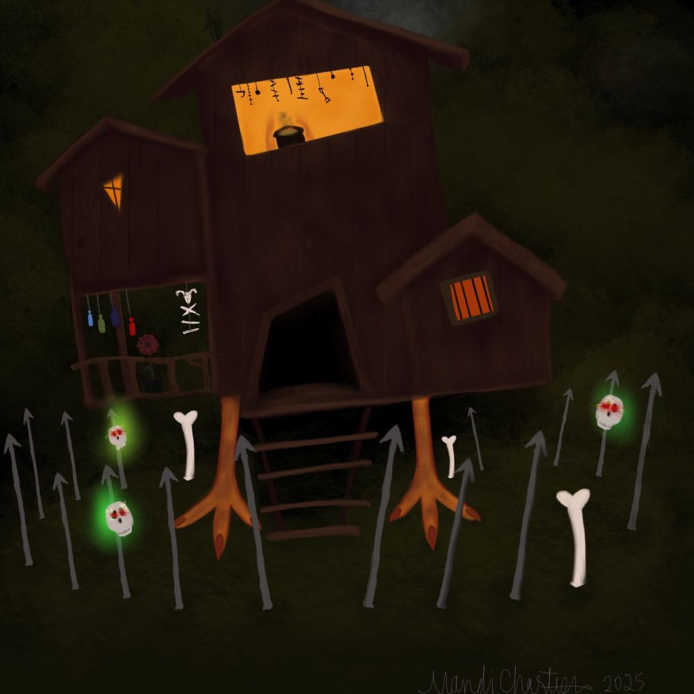 A painting of Baba Yaga's hut in a folksy style.