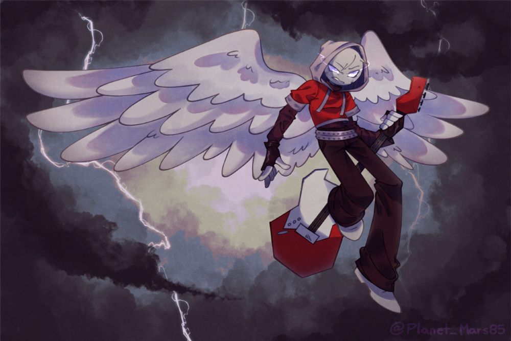 my character, Asher, flying through the sky during a duel, the background is a dark sky full of thunder clouds