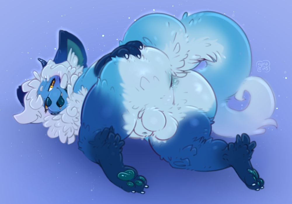 nsfw furry art pinup of a solo male anthro kitsune on his belly with his ass sticking up on the air. one of his paws is spreading his plump cheeks to show off his tailhole, taint, and backsack