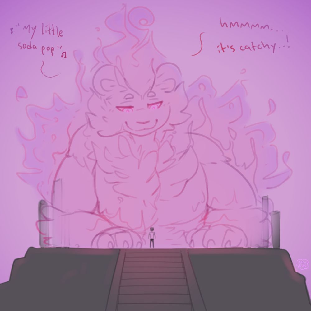 digital furry art sketch of Gwi-Ma from Kpop Demon Hunters drawn as an anthro flaming lion. He is looking down at Jinu and referencing the lines from the movie, "'My Little Soda Pop' Hmm...it's catchy...!"