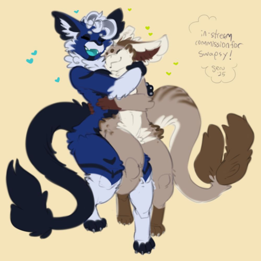sfw furry art of two fluffy ferrin girls affectionately cuddling