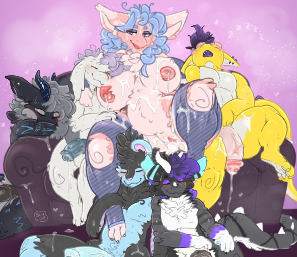 nsfw furry art yiff scene of a curvy milf dragonness (Renei) on a casting couch surrounded by 5 anthro lads (from left to right - Arc, Skarlet, Alli, Nova, and Mims) who are all comfortably asleep with their half-hard cocks out. Cum covers themselves and the couch in the afterglow of several rounds of breeding as Renei surveys her surroundings with a sly smile, her belly/womb well-inflated at this point.