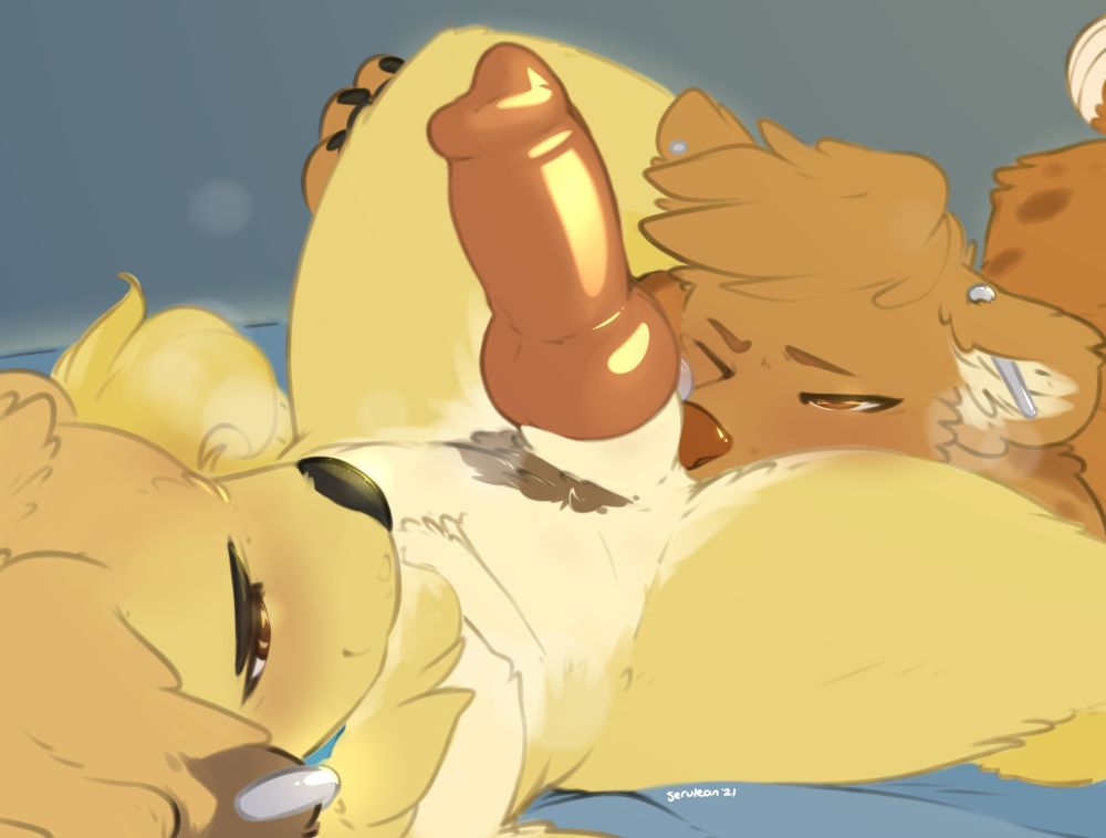 Koyo watches as his handsome hyena fiance, Dewy, takes a deep whiff of his sheath. Koyo's sheath is pierced with a silver ring, and his lipstick cocktip is just peeking out of its sheath. Koyo is fully erect, his cock glistening and knot visible outside his sheath as well.

#gay #yiff #furry #anthro #musk #sniffing #sheath #balls #huff #huffing #erection #knot