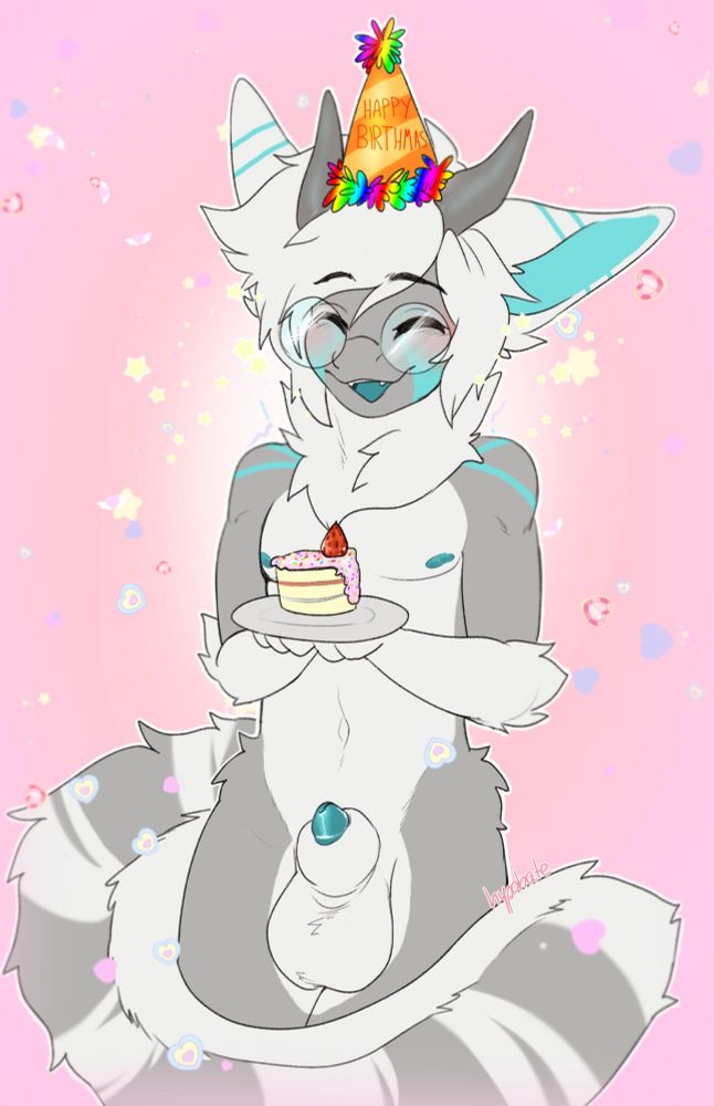 nsfw furry doodle of ruu, and anthro dragon hybrid, standing happily naked, sheath and balls out, holding a slice of cake and wearing a party hat