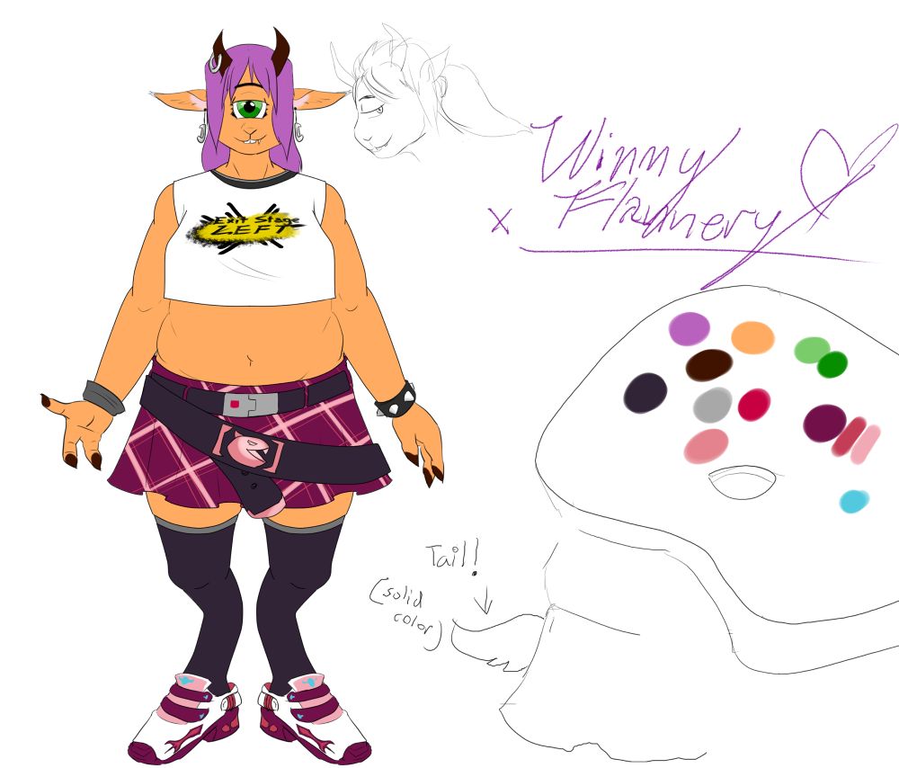 A cyclops woman with goat-like features, sporting scene-clothing