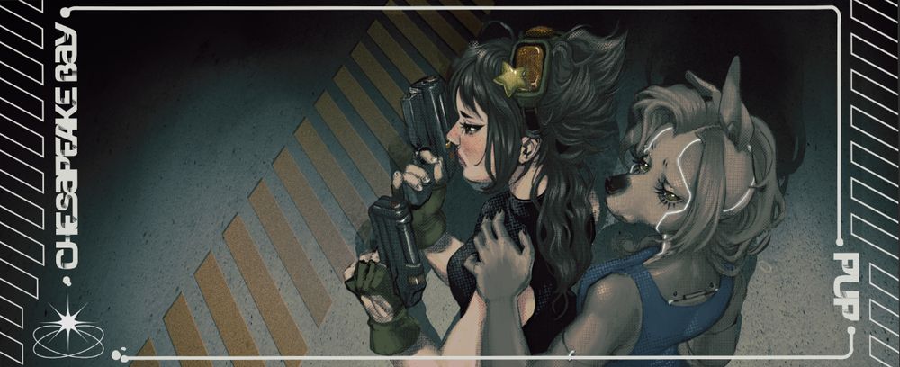 Panoramic composition, everything slightly washed out. Two figures, both facing left though one looks over her shoulder to the viewer. The first holds guns in both hands, seemingly before the motion of striking, her gaze absent and off to the left. The other an anthropomorphic dog woman with blue track lights on her body, her left ear bent in the middle,  and glowing white pupils, gazes to the viewer, almost with a pitying gaze. Her hand rests on the shoulder of her armed companion. Around the outside of the image is a stark y2k inspired "frame" showcasing the characters names. Chesapeake Bay, and Pup.