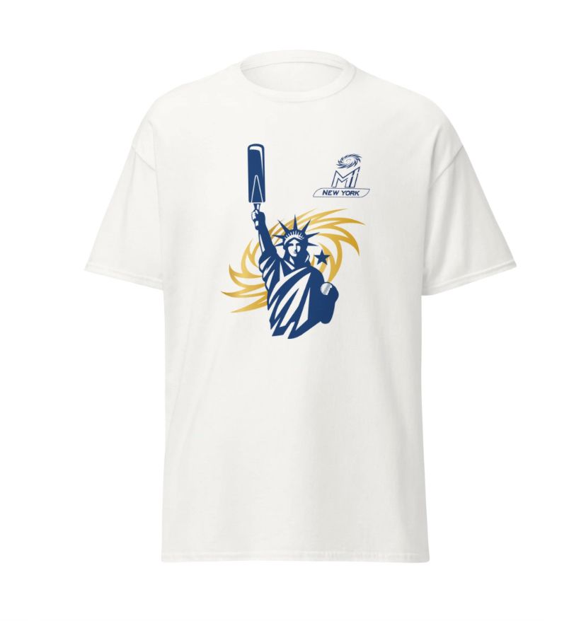 An IM New York t-shirt. The Statue of Liberty has a cricket ball and is raising a cricket bat in lieu of a torch