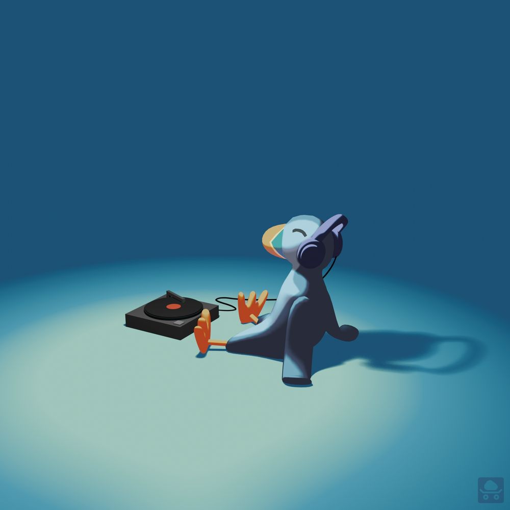 A puffin listens to a vinyl record with headphones, with nothing else around.  