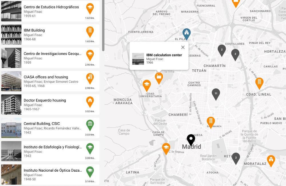Captura de pantalla de la aplicación ArchiMaps mostrando obras de Miguel Fisac en Madrid