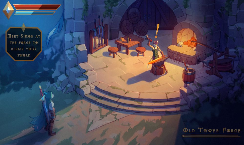 A mock-up, a fake game screenshot of Raider meeting Simon at the forge to repair his sword #furry #furryart