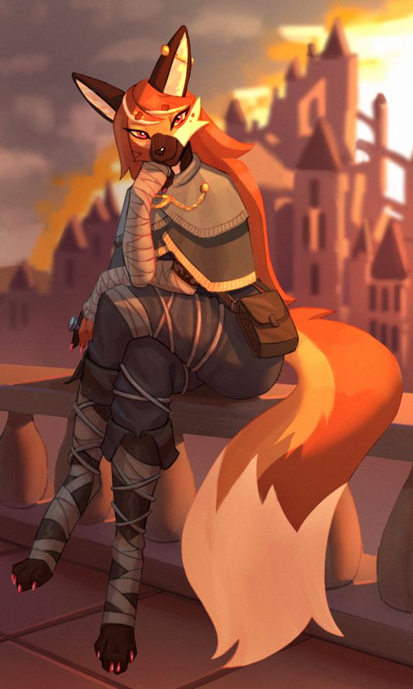Canna sitting on one of the balconies of Anor Londo from the game Dark Souls