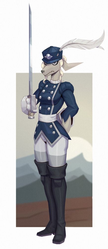 Iplyn Delaford in position, holding her weapon in front of her, her arm behind her back #furry #furryart