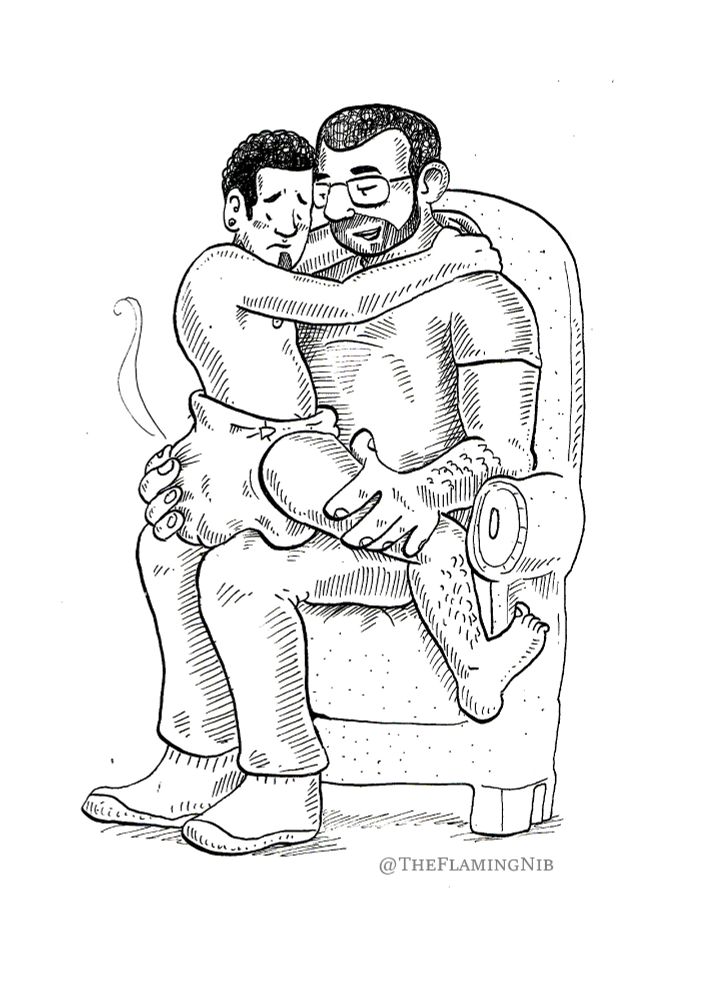 One man sits with a drooping, dirty diaper on the knee of a larger man, whose hand rests on the smaller one's soiled bottom.