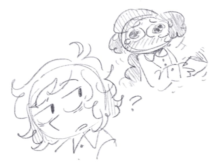 Anika, overwhelmed with tears, looks up from a book they're holding, like a pathetic wet creature. Marlow glances over her shoulder at them with a question mark and a mildly-worried-and-befuddled face.