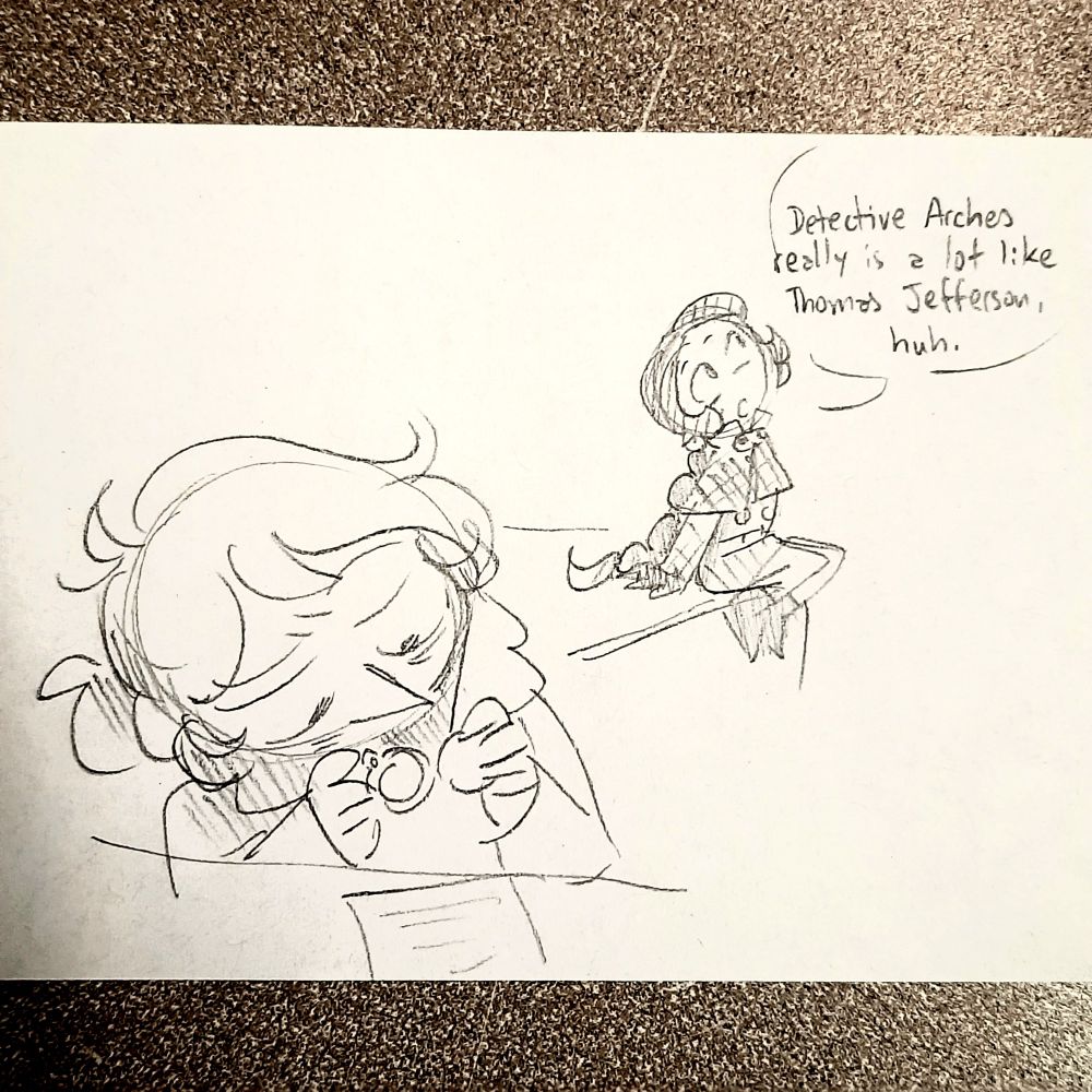 Panel 2. Marlow continues examining something. In the background, Anika says, "Detective Arches really is a lot like Thomas Jefferson, huh."