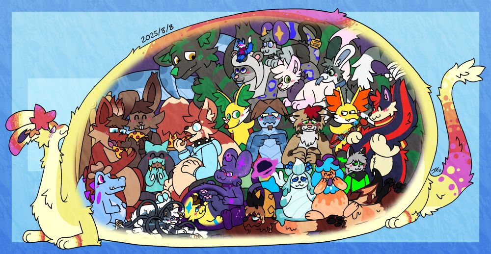 an amphimorpho with a very large belly holding 22 various friends