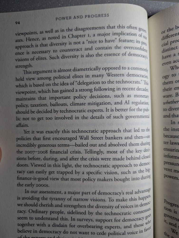 Text from the book power and progress describing a common theme in history in which the powerful often dominate view on technology choices often leading to disastrous outcomes to many
