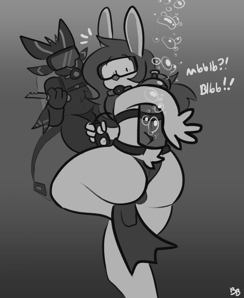 Kelly in some scuba gear, a thong, goggles and flippers looking behind him in fear noticing his air tank is leaking from a cut a nearby avali in scuba gear did to him. He's panicking: "Mbblb?! Blbb!!"