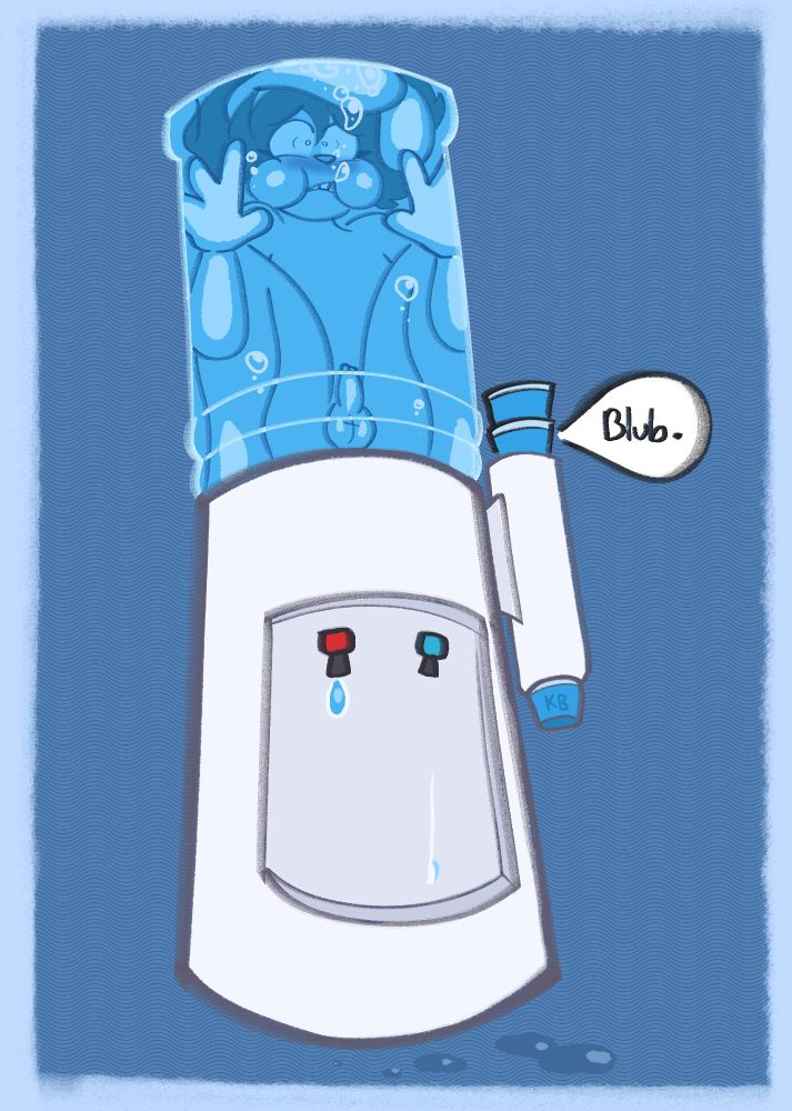 The watercooler from deltarune trapping Kelly the femboy bunny inside of its water tank, while saying "Blub." as he's pressed in and trapped drowning inside-
