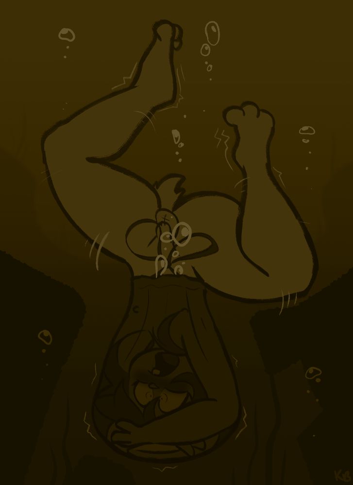 Kelly the femboy bunny naked and struggling being caught halfway in a strong black trash bag sinking down to the depths and panicking, unable to get out