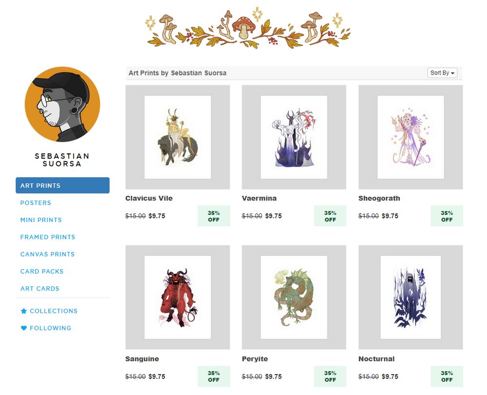 screenshot of a inprnt shop profile, showcasing elder scrolls themed prints