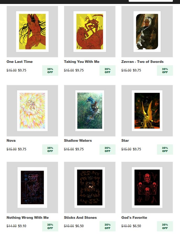 another screenshot of a inprnt shop profile, showcasing various prints