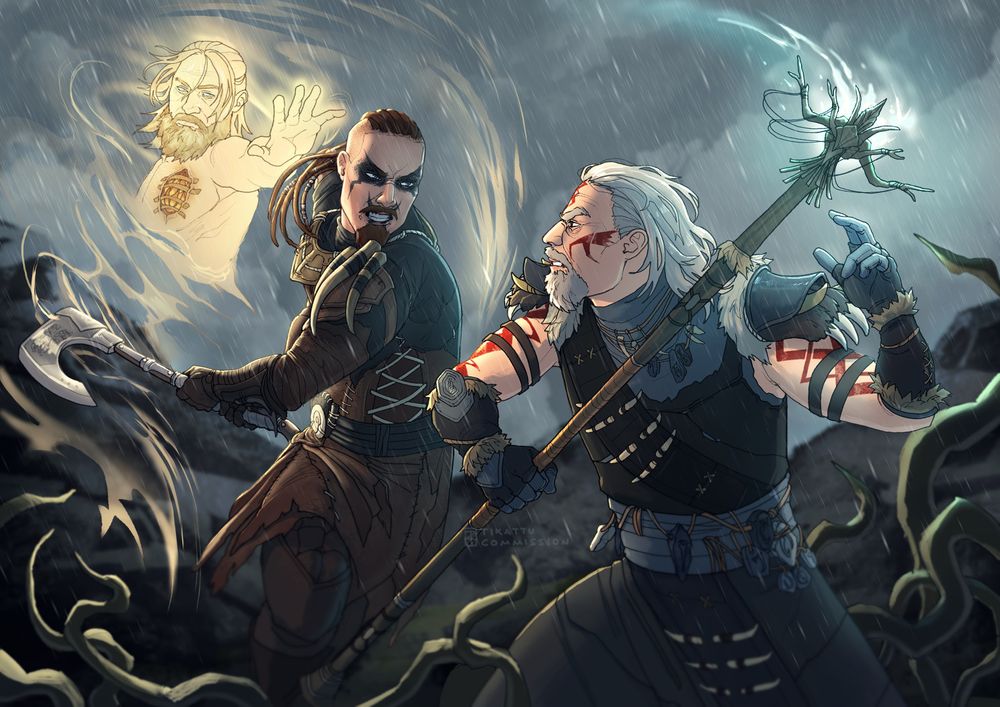a scene of two reachmen fighting on rocky terrain in the rain. on the left is greg the witchman with an axe, charging towards his opponent. behind him is a ghostly image of his father, bjoruld, a briarheart. bjoruld's hand is extended towards greg like he's holding a defensive barrier for him. on the right is madovan, an old shaman with a staff. he's summoning vines from the ground to aid him in battle. both men look furious and ready to attack.