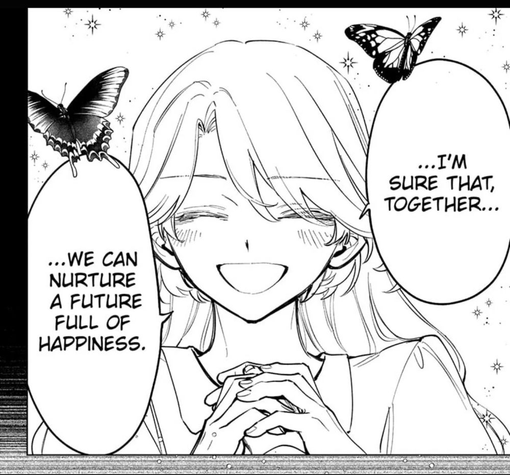 Sammy staring at jikishrone as sparkles and butterflies appear and she's saying together we can nurture a future of happiness while clasping both her hands. Like roommates.