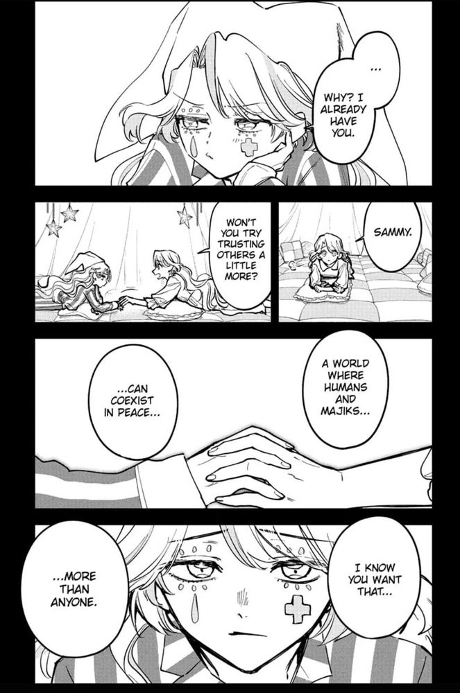 Sammy and Jikishrone holding hands lounging staring at each other discussing how they can shape the world so majiks and humans can coexist. As besties do.