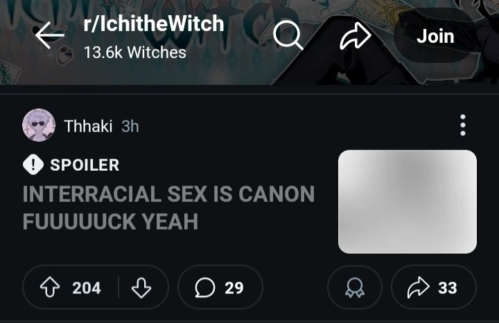 Ichi the Witch reddit post "INTERRACIAL SEX IS CANON FUUUUUCK YEAH" and the following image spoilered accompanying it