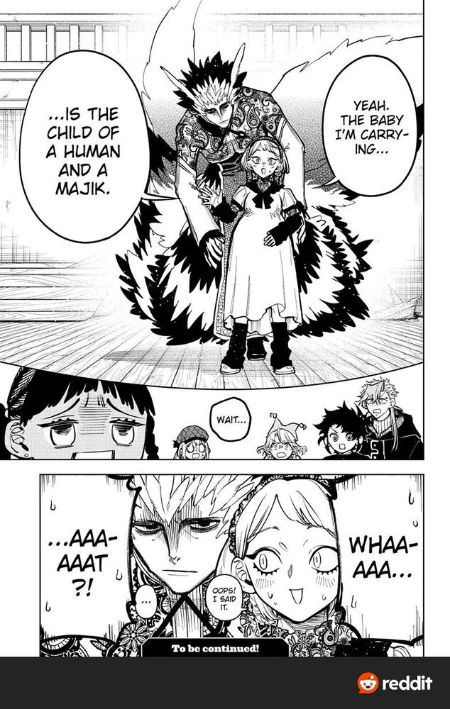 Latest chapter of ichi the Witch, a lady saying "yeah the ba y I'm carrying is the child of a human and a majik" and then a guy looking like a weird angel Digimon behind her