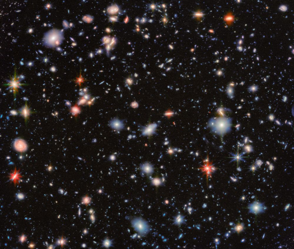 An area of deep space with thousands of galaxies in various shapes and sizes on a black background. Most are circles or ovals, with a few spirals. More distant galaxies are smaller, down to being mere dots, while closer galaxies are larger and some appear to be glowing. Red and orange galaxies contain more dust or more stellar activity.