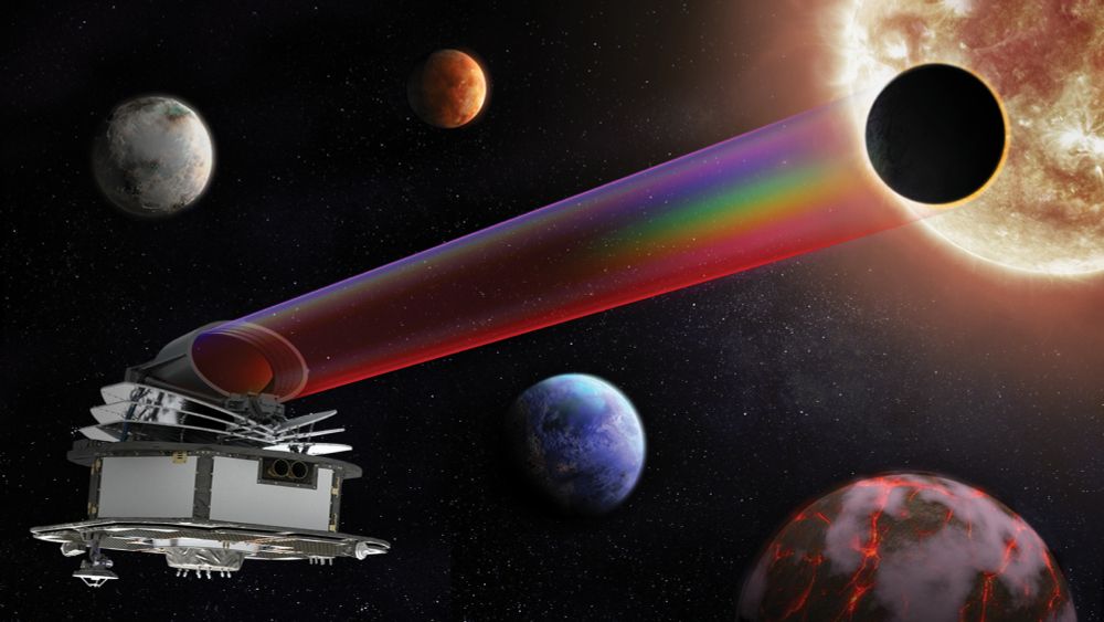 This is an artist's impression of ESA’s mission Ariel, shown here to study the atmosphere of an exoplanet orbiting another star. Four other exoplanets are visible in the image.