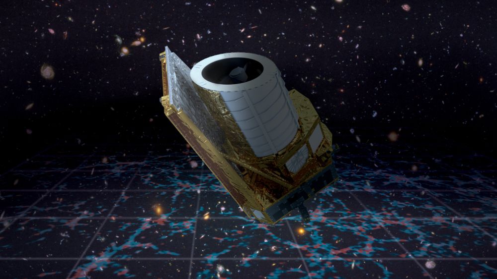 Artist impression of Euclid against a deep field view of the night sky, and an artist view of the cosmic web overlaid by a grid. Credit: ESA/Euclid/Euclid Consortium/NASA. Background galaxies: NASA, ESA, and S. Beckwith (STScI) and the HUDF Team