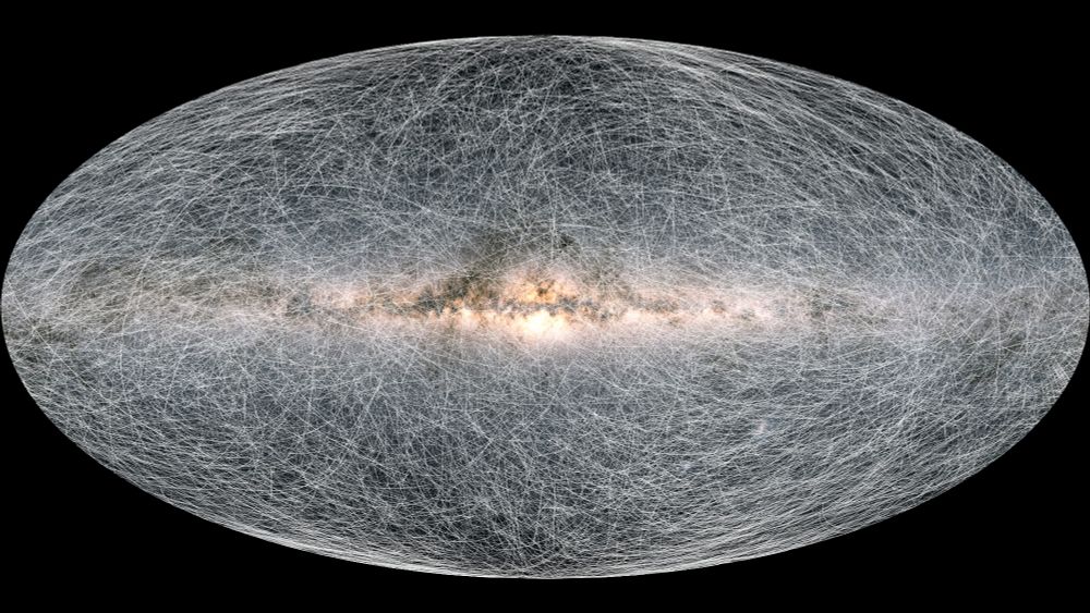 Representation of stellar motion for the next 400 thousand years, based on Gaia observations. An oval-shaped image showing our Milky Way galaxy has numerous white streaks across it.